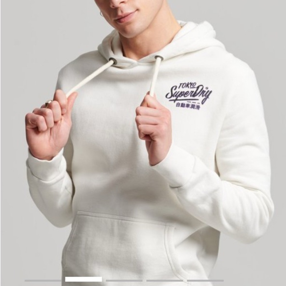 Vintage Superdry Off-White Hoodie with Navy Chest Logo#1
